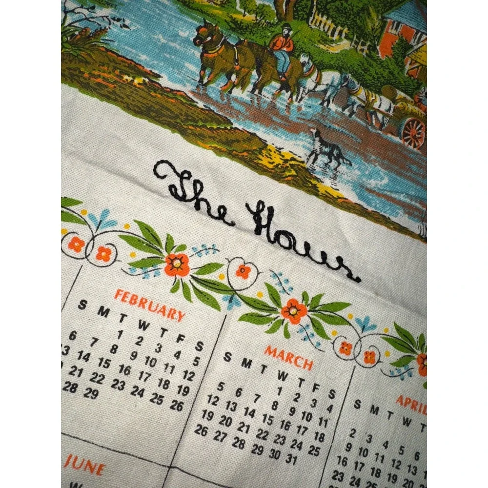 Vintage 1972 The Haus Linen Tea Towel Calendar Horse Wagon Farm Folk Art Dutch